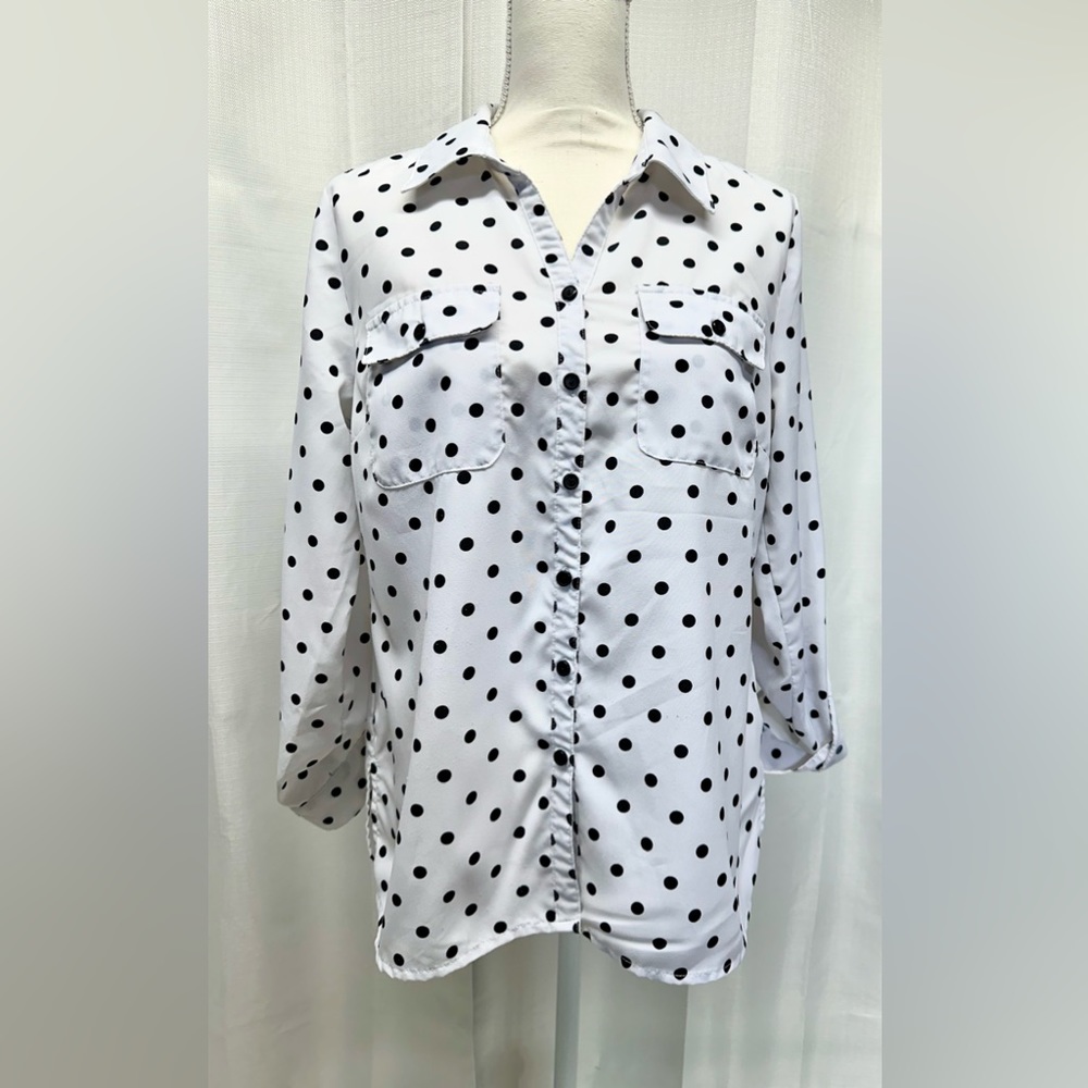 Notations white blouse with black polka dots.  Size M